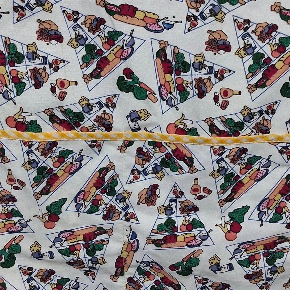 Vintage Food Pyramid Print Tabard Apron Yellow Gingham‎ Trim Smock Pockets Multi